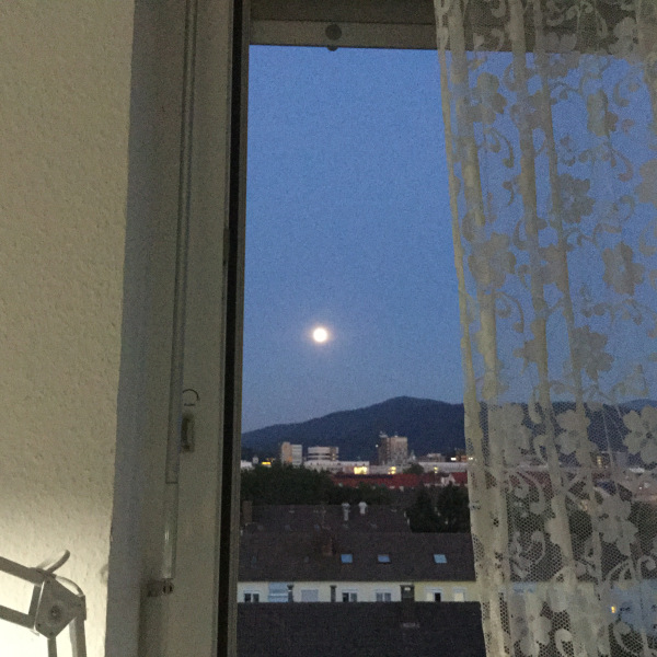 lace curtain at window with a full moon