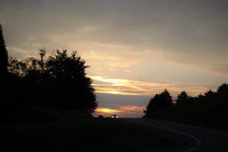 dusk-car-headlights-in-the-distance-on-a-tree-lined-two-lane-road