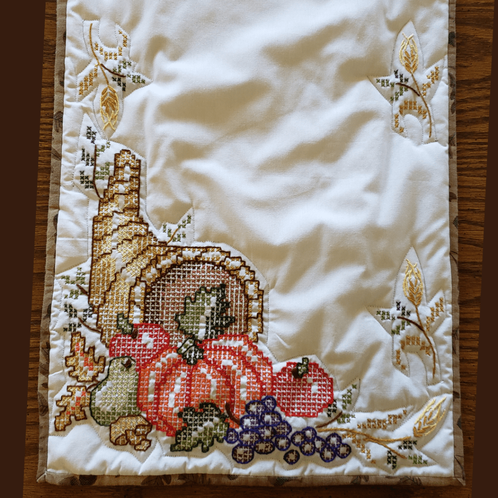 Cross stitch cornucopia fall Thanksgiving Table Runner